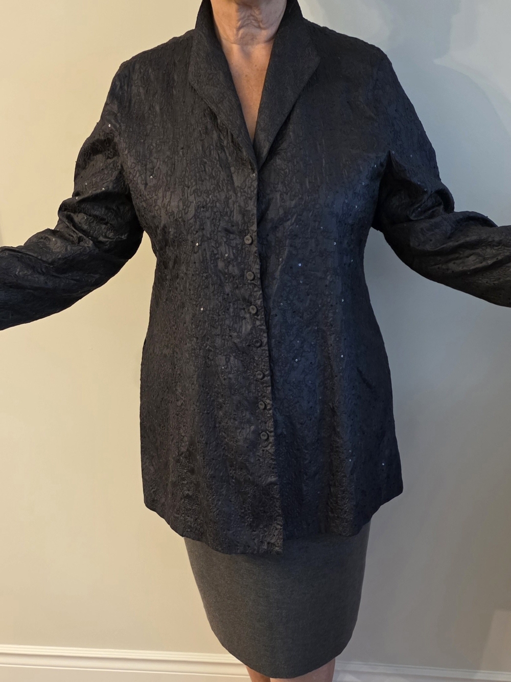 Get Ready For All The Parties With This EILEEN FISHER Grey Sequined SILK Jacket